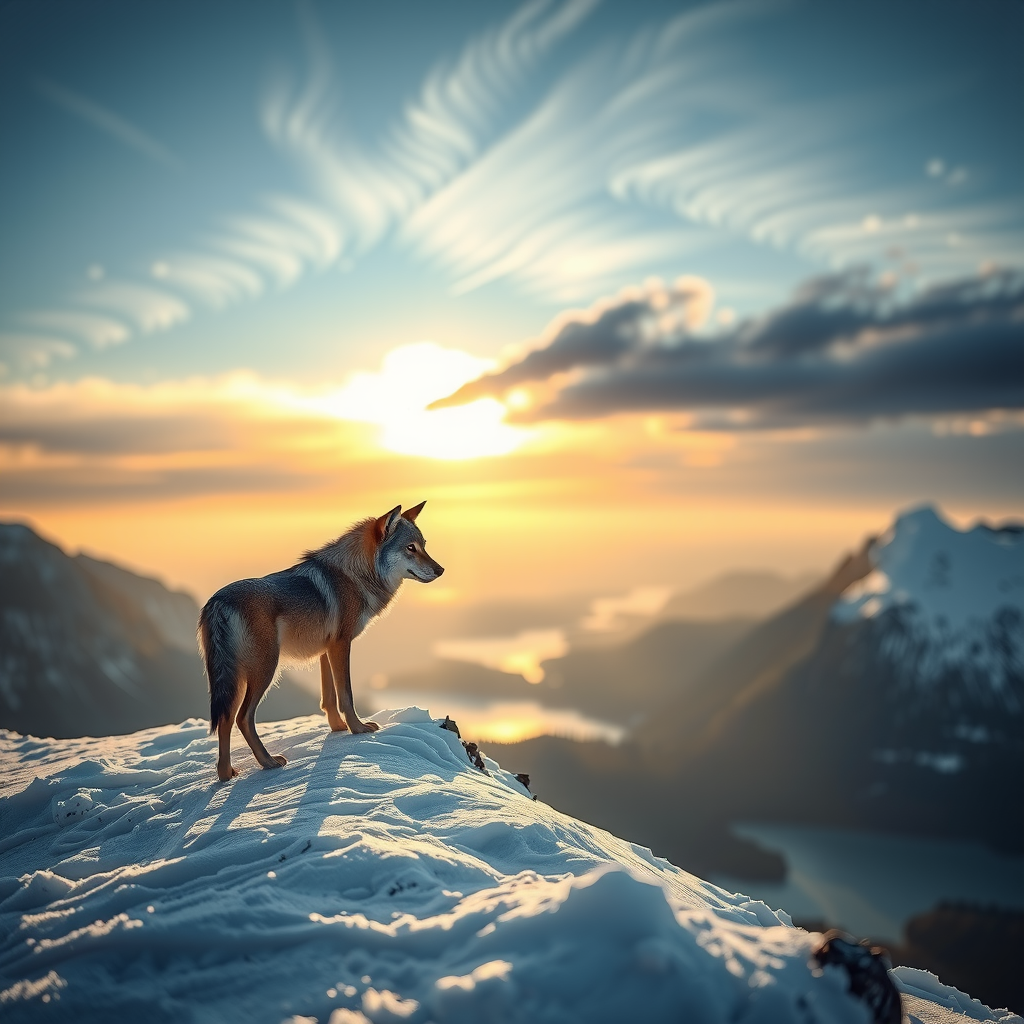 A lone wolf standing on a snow-covered mountain ridge at dawn, breath visible in the freezing air, vast Norwegian fjords below, National Geographic photography style, golden rim lighting