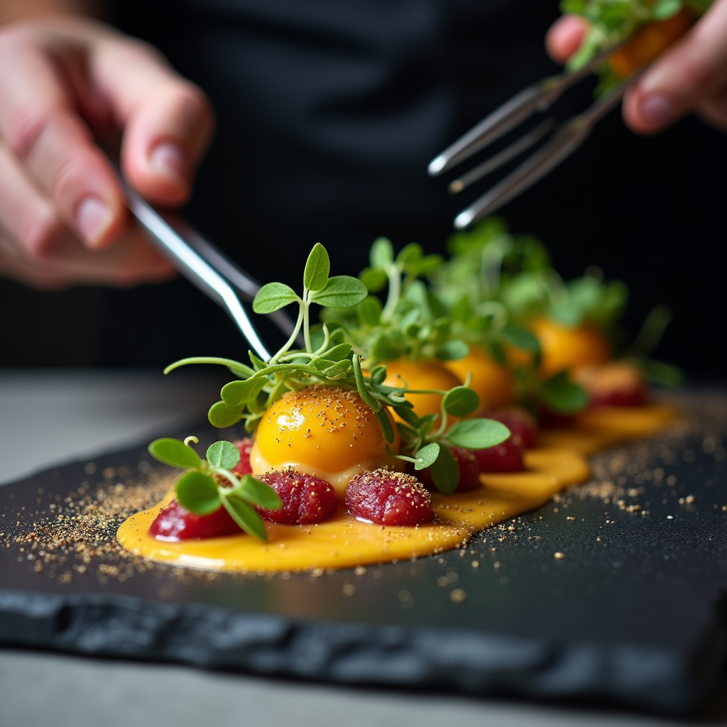 A master chef plating a Michelin-star dish, close-up of tweezers placing microgreens on edible gold leaf, colorful sauce art on black slate, extreme food photography detail