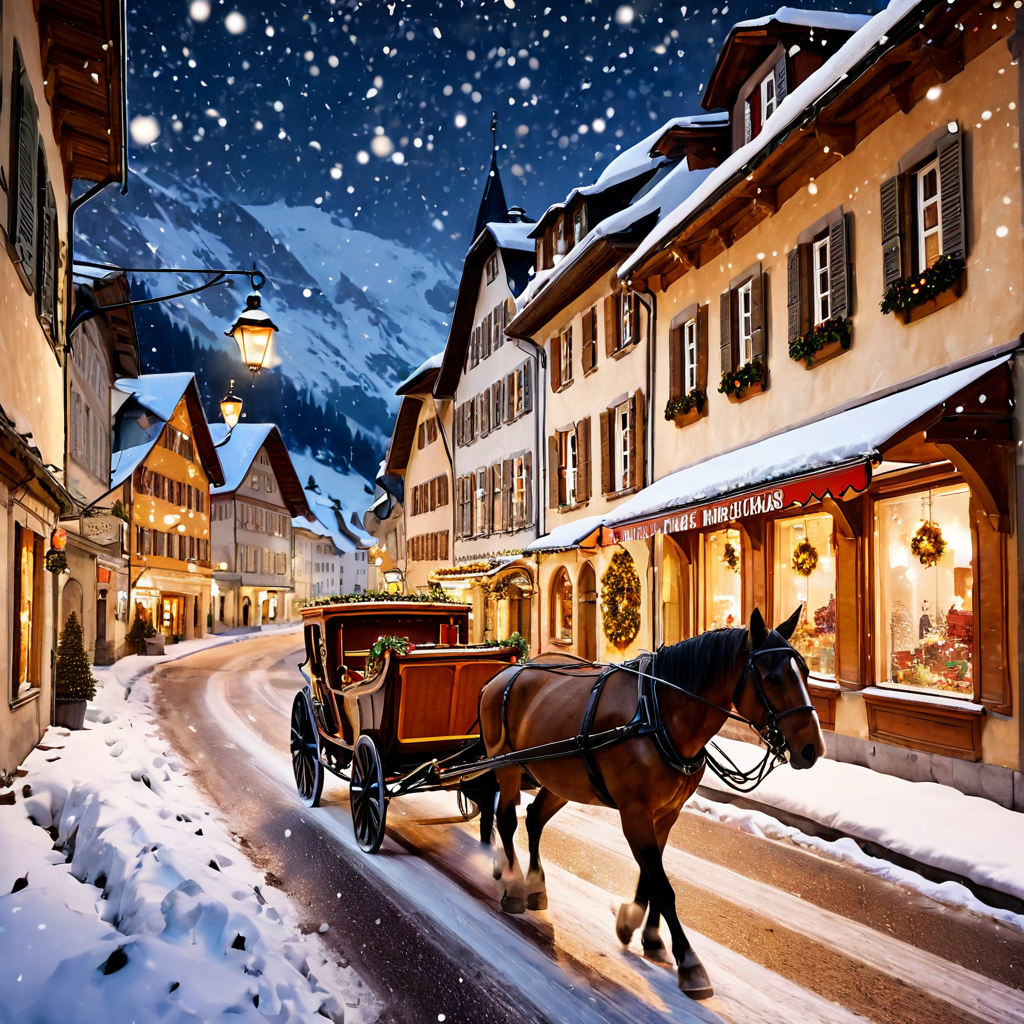 A Swiss mountain town buried in fresh snow at Christmas, every window glowing warm amber, horse-drawn sleigh on the main street, snowflakes falling in the lamplight, idyllic and cinematic, watercolor illustration, soft washes, loose brushstrokes, delicate