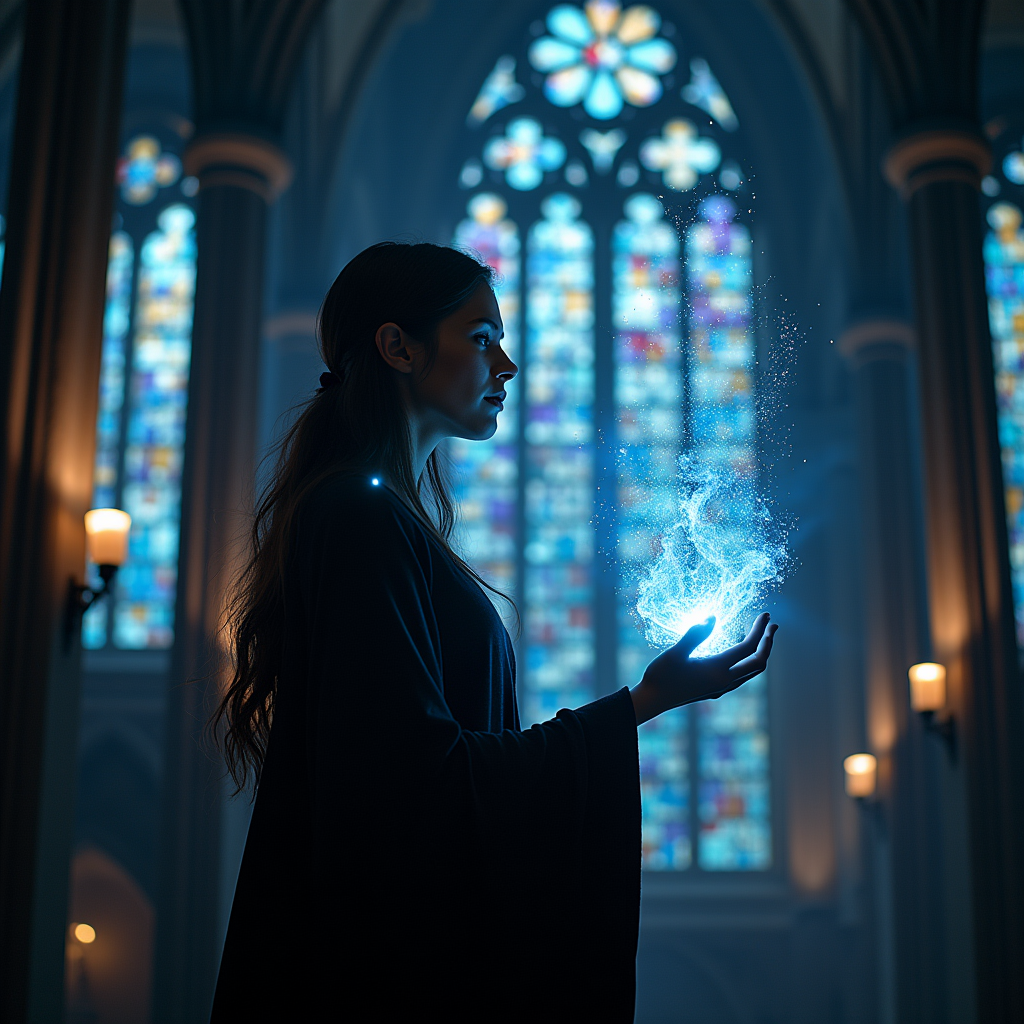 A sorceress casting a spell in a Gothic cathedral at midnight, swirling galaxies emerging from her fingertips, stained glass windows fracturing into floating shards of light, ultra dramatic lighting