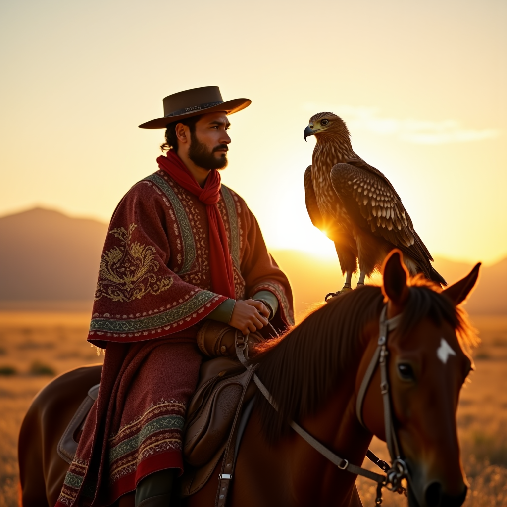 Portrait of a Mongolian eagle hunter on horseback at sunrise, traditional embroidered coat, golden eagle perched on arm, vast steppe landscape, cinematic wide shot, National Geographic style