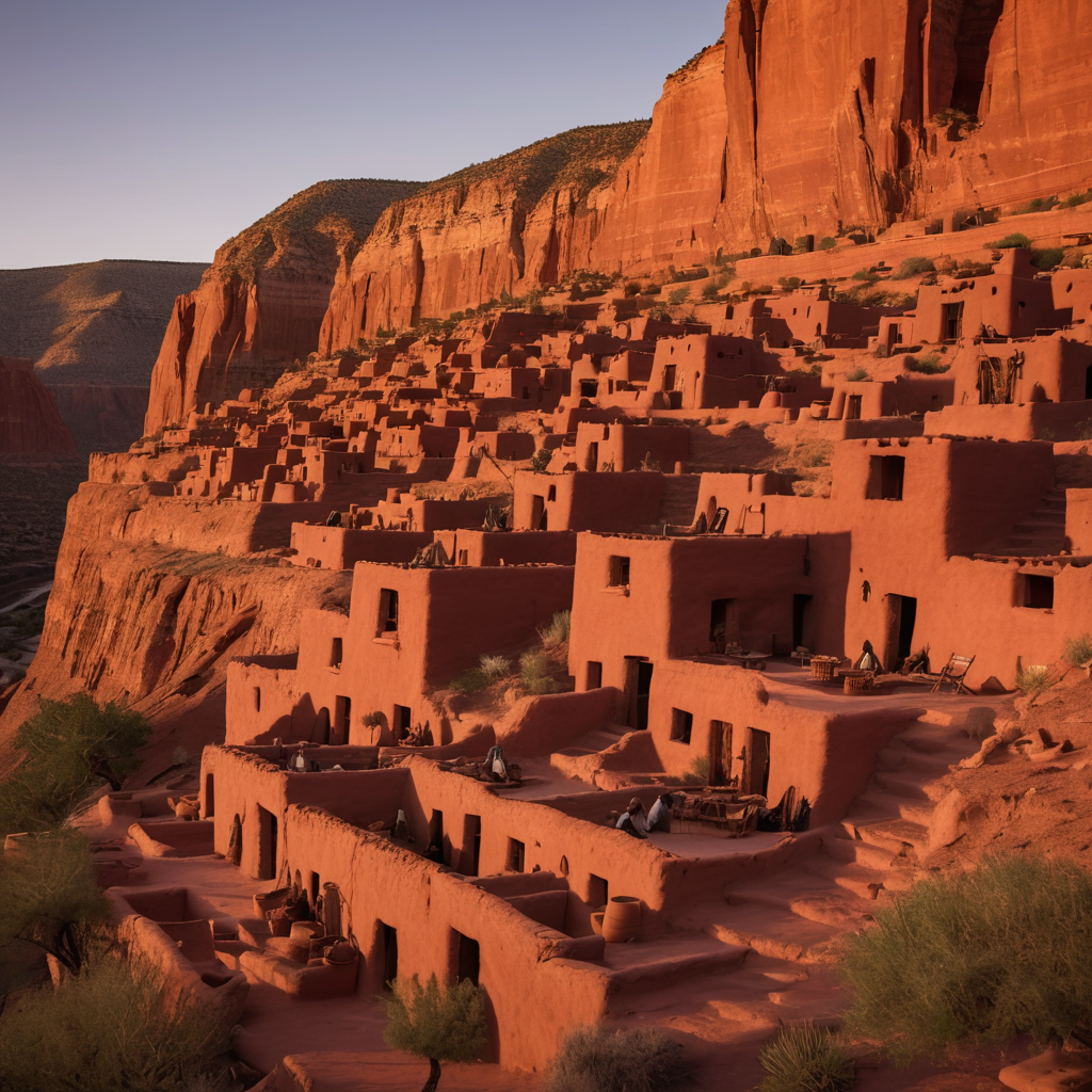 A Pueblo cliff dwelling community at sunset, ancient adobe homes nestled in canyon walls, women weaving on rooftop terraces, eagles circling, warm terracotta palette, anthropological realism