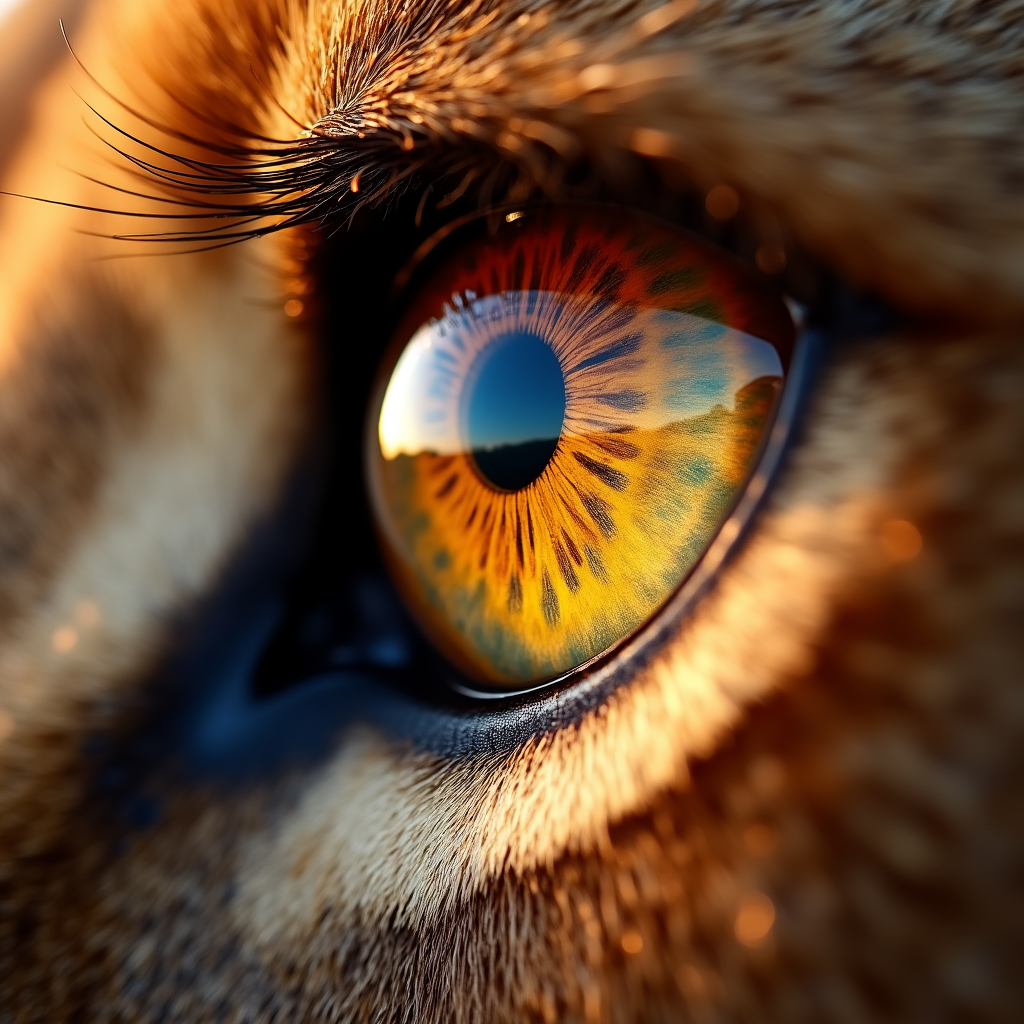 Extreme close-up of a lion's eye, savanna landscape reflected in the golden iris, every hair follicle visible, breath-taking detail, wildlife photography