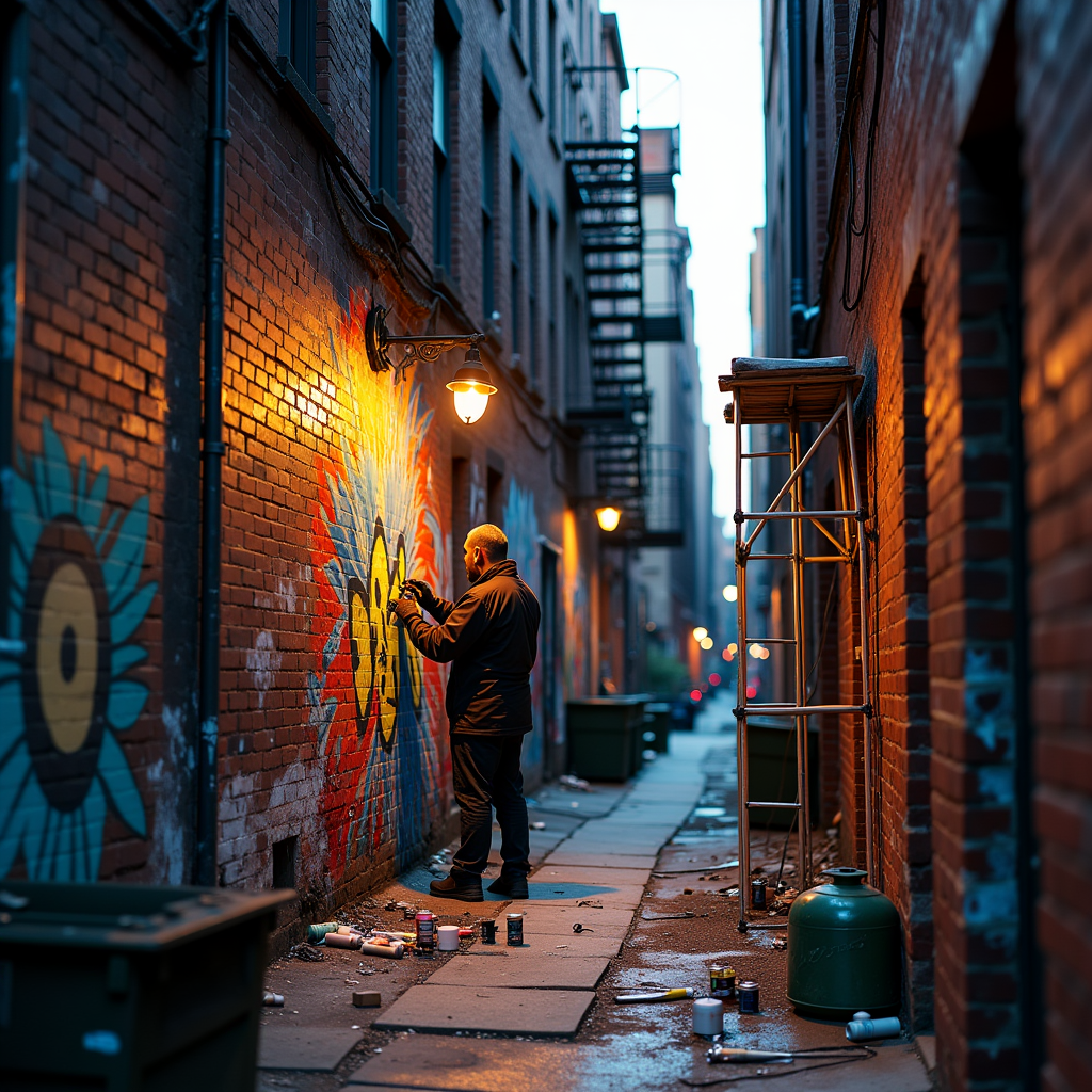 A street artist completing a massive mural in a gritty Brooklyn alleyway at dusk, scaffolding, spray cans, vivid colors against aging brick, urban poetry, documentary photography style