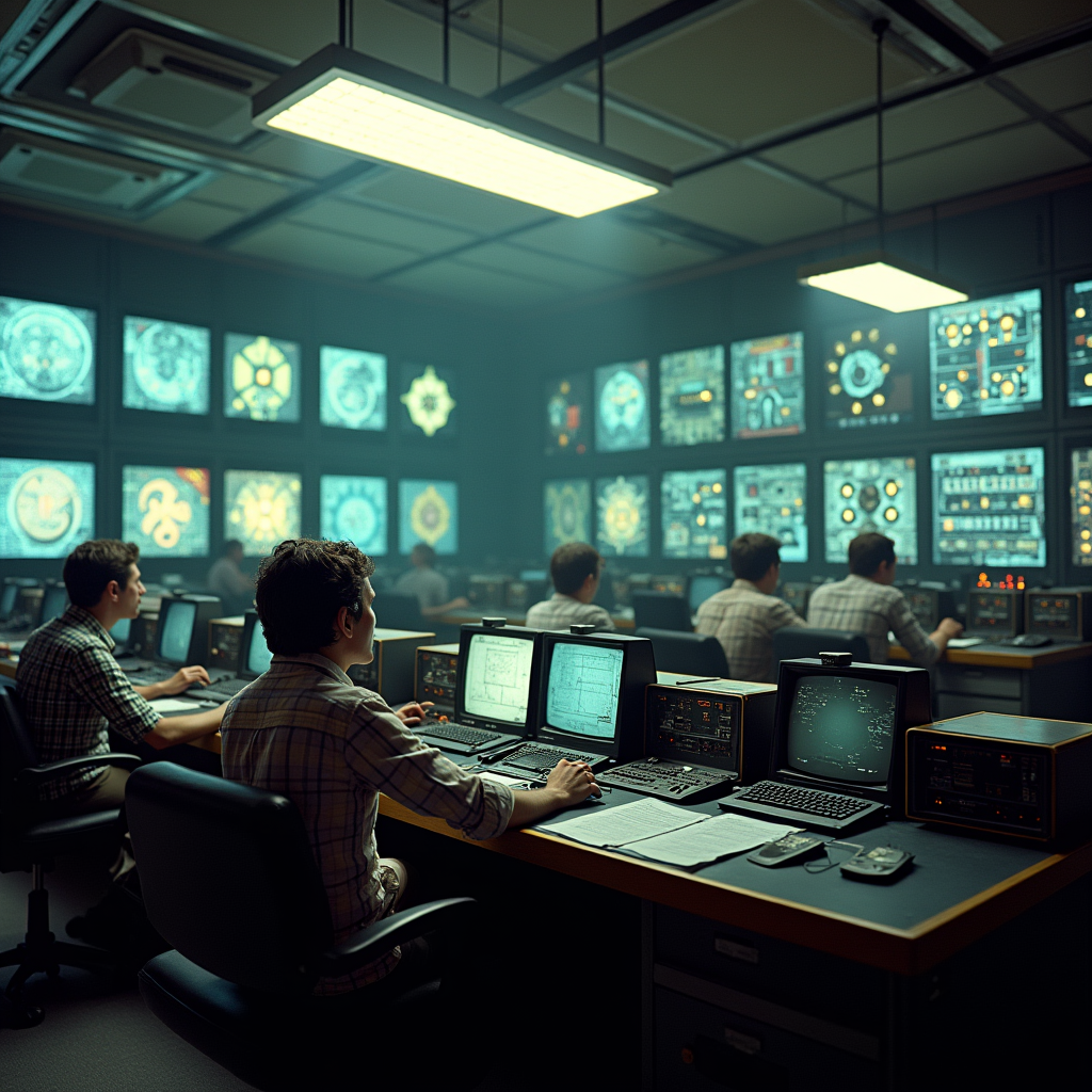 A 1970s analog control room mid-crisis, banks of flickering...
