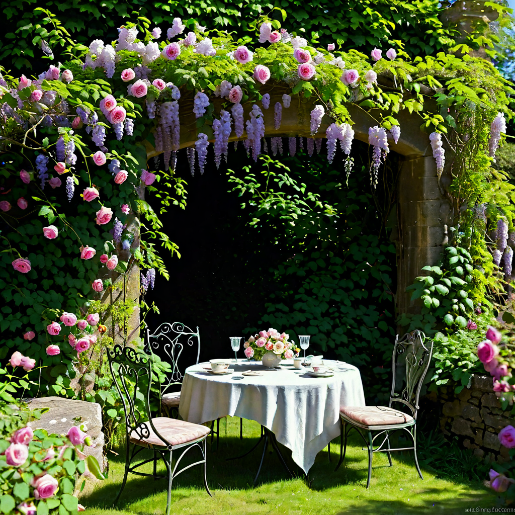 An overgrown English country garden in full summer, roses cl...