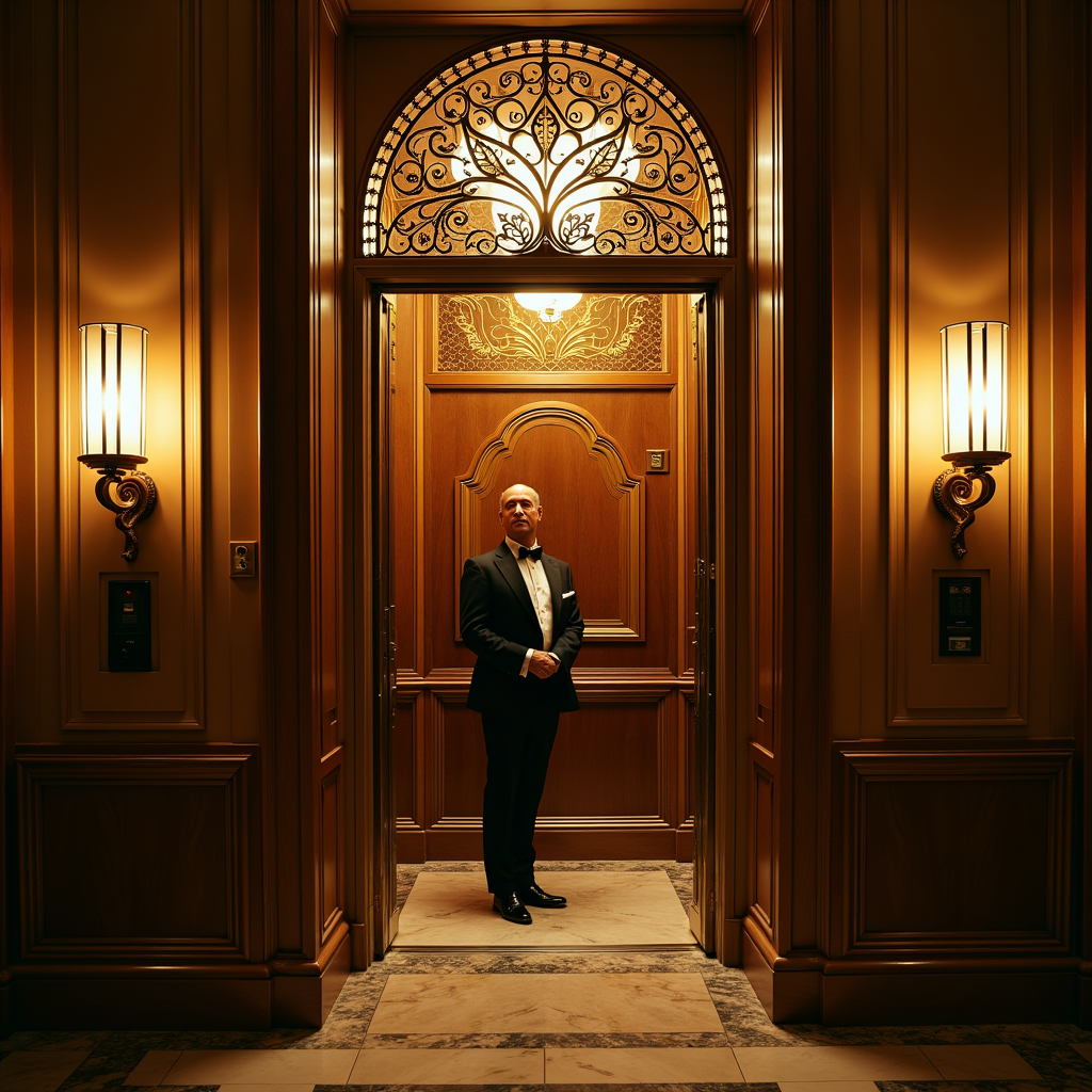 An Art Deco elevator cage in a Parisian grand hotel, ornate brass lattice, a bellhop in livery, marble floors below, warm tungsten glow, 1930s glamour, cinematic composition