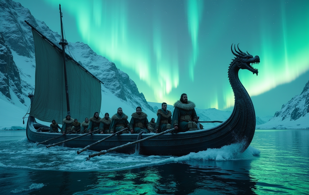 An ancient Viking longship navigating through an ice fjord, aurora borealis overhead, warriors in fur cloaks at the oars, sea spray freezing on carved dragon prow, cinematic