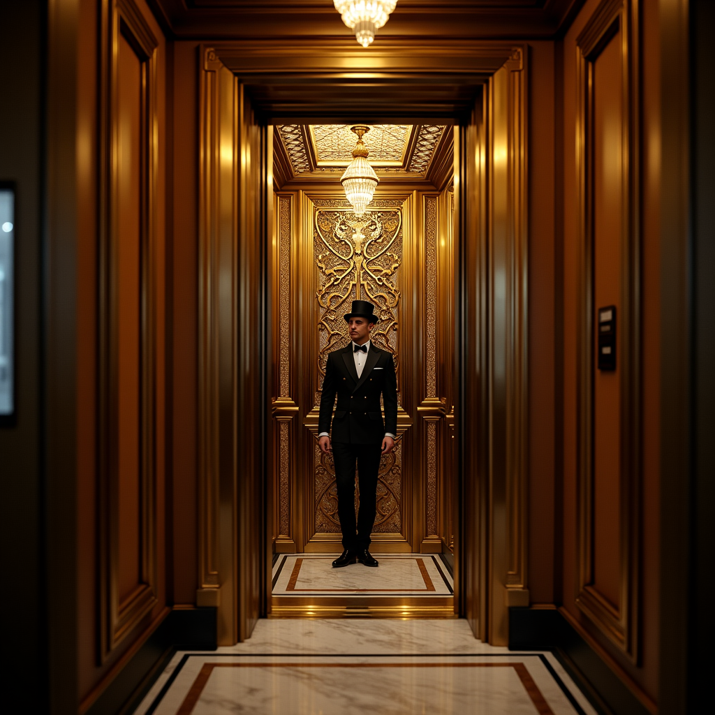 An Art Deco elevator cage in a Parisian grand hotel, ornate brass lattice, a bellhop in livery, marble floors below, warm tungsten glow, 1930s glamour, cinematic composition