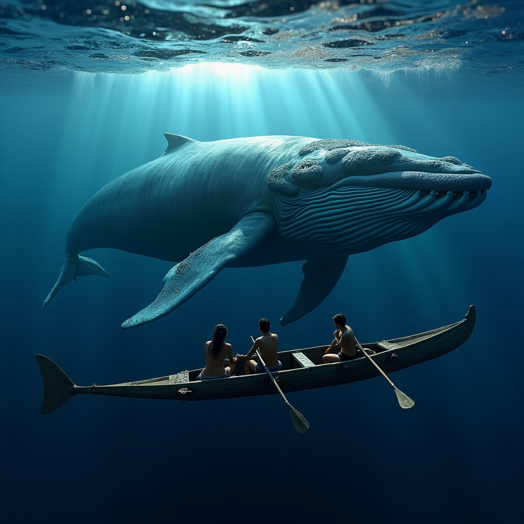 An enormous humpback whale swimming alongside a traditional Polynesian outrigger canoe, ocean surface light dappling the whale's barnacled skin, sacred and serene encounter, science fiction, futuristic, cyberpunk, neon lights, biopunk