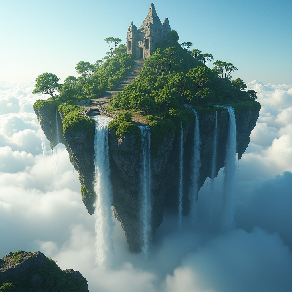 A levitating island paradise above the clouds, waterfalls ca...