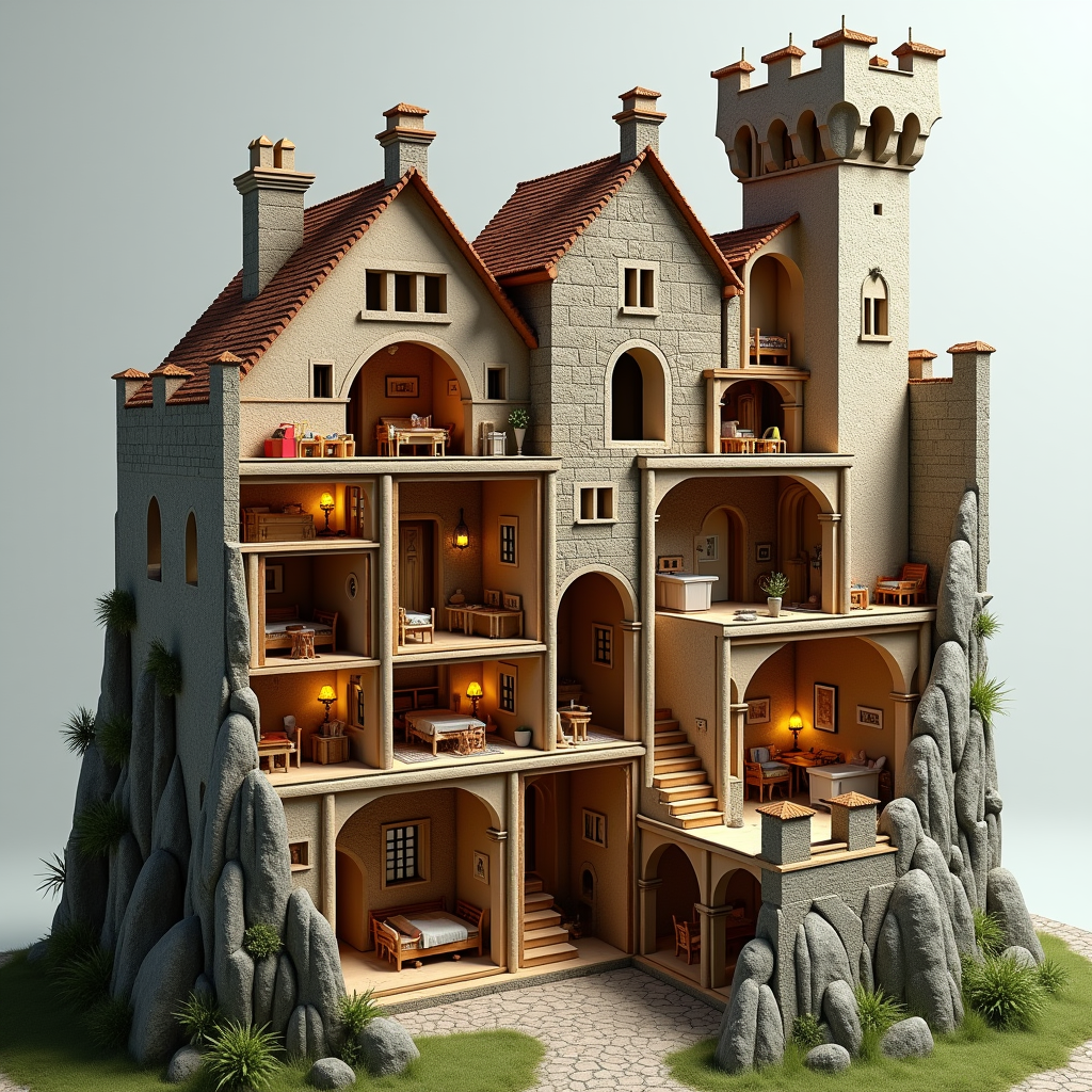 A 3D cross-section of a medieval castle fully inhabited, every room with different activity simultaneously visible, like a dollhouse exposed, illuminated manuscript aesthetic meets modern rendering