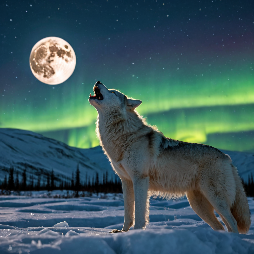 A majestic white wolf howling at a full moon in a frozen tundra, aurora borealis, photorealistic, 8K
