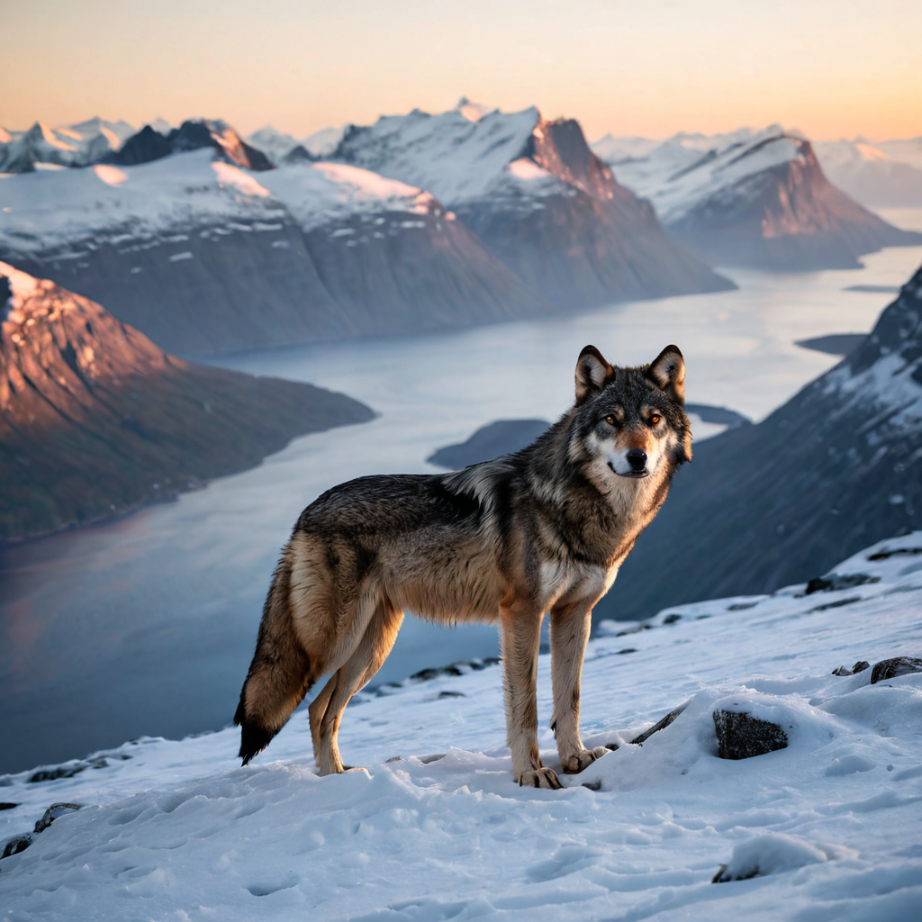 A lone wolf standing on a snow...
