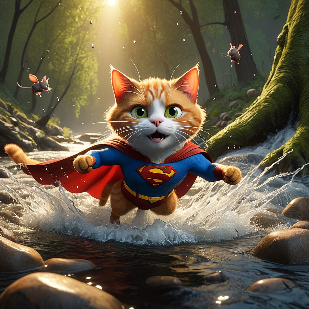 A dramatic yet playful semi-realistic cartoon rescue scene: a brave orange tabby cat wearing a classic Superman-style superhero costume with a flowing red cape is flying low over a rushing forest creek on an urgent rescue mission. Below, several tiny mice are struggling in the water during a flood, desperately clinging to floating wine bottles, small branches, and debris while squeaking for help. The superhero cat reaches down heroically to save them, with an intense but heartwarming expression. The scene combines realistic textures and lighting with stylized cartoon character design — expressive faces, slightly exaggerated features, Pixar/DreamWorks-style realism. Dynamic splashing water, cinematic motion, detailed fur, glowing sunset light through the trees, emotional storytelling, action-packed composition, ultra-detailed environment, high-quality CGI animated movie look, realistic creek and water physics, whimsical but believable atmosphere, 8K cinematic render