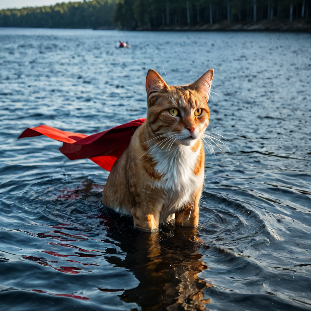 A dramatic yet playful semi-realistic cartoon rescue scene: a brave orange tabby cat wearing a classic Superman-style superhero costume with a flowing red cape is flying low over a rushing forest creek on an urgent rescue mission. Below, several tiny mice are struggling in the water during a flood, desperately clinging to floating wine bottles, small branches, and debris while squeaking for help. The superhero cat reaches down heroically to save them, with an intense but heartwarming expression. The scene combines realistic textures and lighting with stylized cartoon character design — expressive faces, slightly exaggerated features, Pixar/DreamWorks-style realism. Dynamic splashing water, cinematic motion, detailed fur, glowing sunset light through the trees, emotional storytelling, action-packed composition, ultra-detailed environment, high-quality CGI animated movie look, realistic creek and water physics, whimsical but believable atmosphere, 8K cinematic render