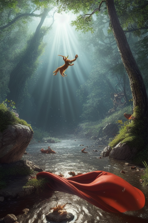 A dramatic yet playful semi-realistic cartoon rescue scene: a brave orange tabby cat wearing a classic Superman-style superhero costume with a flowing red cape is flying low over a rushing forest creek on an urgent rescue mission. Below, several tiny mice are struggling in the water during a flood, desperately clinging to floating wine bottles, small branches, and debris while squeaking for help. The superhero cat reaches down heroically to save them, with an intense but heartwarming expression. The scene combines realistic textures and lighting with stylized cartoon character design — expressive faces, slightly exaggerated features, Pixar/DreamWorks-style realism. Dynamic splashing water, cinematic motion, detailed fur, glowing sunset light through the trees, emotional storytelling, action-packed composition, ultra-detailed environment, high-quality CGI animated movie look, realistic creek and water physics, whimsical but believable atmosphere, 8K cinematic render