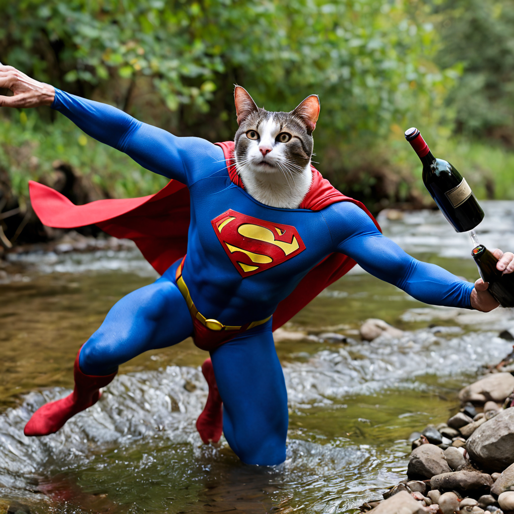 cat in superman costume, flying over a creek, trying saving mouse drowning in a creek, mouse hold on to wine bottles, ecpi, realistic
