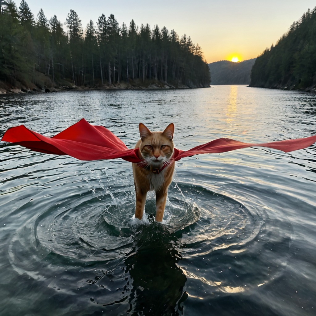 A dramatic yet playful semi-realistic cartoon rescue scene: a brave orange tabby cat wearing a classic Superman-style superhero costume with a flowing red cape is flying low over a rushing forest creek on an urgent rescue mission. Below, several tiny mice are struggling in the water during a flood, desperately clinging to floating wine bottles, small branches, and debris while squeaking for help. The superhero cat reaches down heroically to save them, with an intense but heartwarming expression. The scene combines realistic textures and lighting with stylized cartoon character design — expressive faces, slightly exaggerated features, Pixar/DreamWorks-style realism. Dynamic splashing water, cinematic motion, detailed fur, glowing sunset light through the trees, emotional storytelling, action-packed composition, ultra-detailed environment, high-quality CGI animated movie look, realistic creek and water physics, whimsical but believable atmosphere, 8K cinematic render