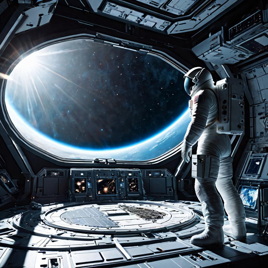 Interior of a futuristic space station, lone astronaut gazing at Earth, volumetric god rays, cinematic concept art, highly detailed