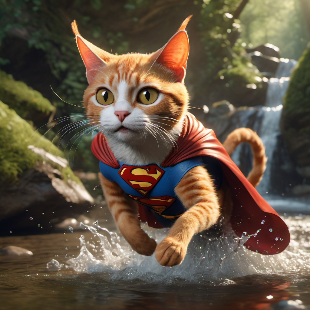 A dramatic yet playful semi-realistic cartoon rescue scene: a brave orange tabby cat wearing a classic Superman-style superhero costume with a flowing red cape is flying low over a rushing forest creek on an urgent rescue mission. Below, several tiny mice are struggling in the water during a flood, desperately clinging to floating wine bottles, small branches, and debris while squeaking for help. The superhero cat reaches down heroically to save them, with an intense but heartwarming expression. The scene combines realistic textures and lighting with stylized cartoon character design — expressive faces, slightly exaggerated features, Pixar/DreamWorks-style realism. Dynamic splashing water, cinematic motion, detailed fur, glowing sunset light through the trees, emotional storytelling, action-packed composition, ultra-detailed environment, high-quality CGI animated movie look, realistic creek and water physics, whimsical but believable atmosphere, 8K cinematic render
