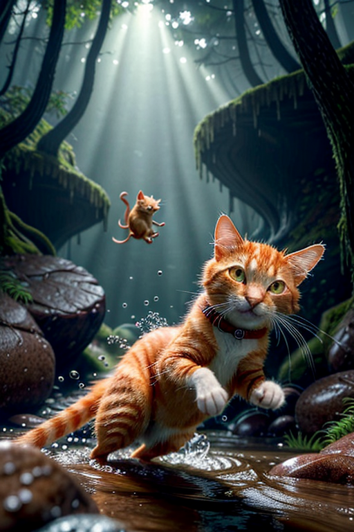 A dramatic yet playful semi-realistic cartoon rescue scene: a brave orange tabby cat wearing a classic Superman-style superhero costume with a flowing red cape is flying low over a rushing forest creek on an urgent rescue mission. Below, several tiny mice are struggling in the water during a flood, desperately clinging to floating wine bottles, small branches, and debris while squeaking for help. The superhero cat reaches down heroically to save them, with an intense but heartwarming expression. The scene combines realistic textures and lighting with stylized cartoon character design — expressive faces, slightly exaggerated features, Pixar/DreamWorks-style realism. Dynamic splashing water, cinematic motion, detailed fur, glowing sunset light through the trees, emotional storytelling, action-packed composition, ultra-detailed environment, high-quality CGI animated movie look, realistic creek and water physics, whimsical but believable atmosphere, 8K cinematic render