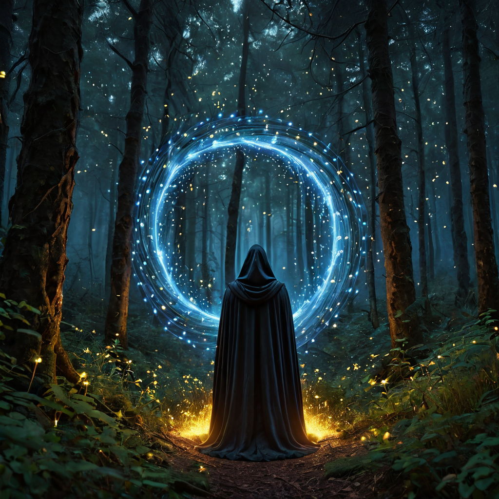 Ancient dark forest clearing with a swirling magical portal, hooded mysterious figure, fireflies, digital art, greg rutkowski