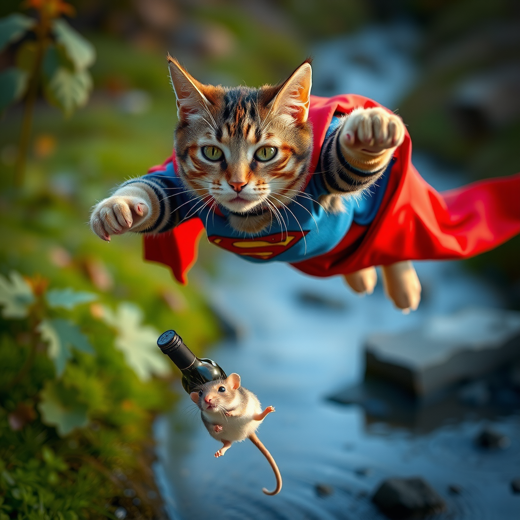 cat in superman costume, flying over a creek, trying saving mouse drowning in a creek, mouse hold on to wine bottles, ecpi, realistic