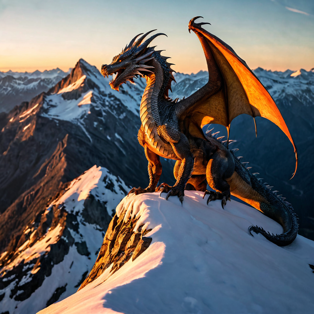 A majestic dragon perched on a snow-capped mountain peak at golden hour, scales gleaming, epic fantasy, cinematic lighting, 8K ultra detailed
