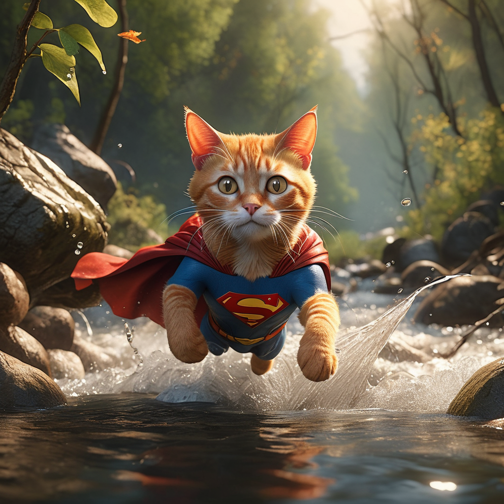 A dramatic yet playful semi-realistic cartoon rescue scene: a brave orange tabby cat wearing a classic Superman-style superhero costume with a flowing red cape is flying low over a rushing forest creek on an urgent rescue mission. Below, several tiny mice are struggling in the water during a flood, desperately clinging to floating wine bottles, small branches, and debris while squeaking for help. The superhero cat reaches down heroically to save them, with an intense but heartwarming expression. The scene combines realistic textures and lighting with stylized cartoon character design — expressive faces, slightly exaggerated features, Pixar/DreamWorks-style realism. Dynamic splashing water, cinematic motion, detailed fur, glowing sunset light through the trees, emotional storytelling, action-packed composition, ultra-detailed environment, high-quality CGI animated movie look, realistic creek and water physics, whimsical but believable atmosphere, 8K cinematic render