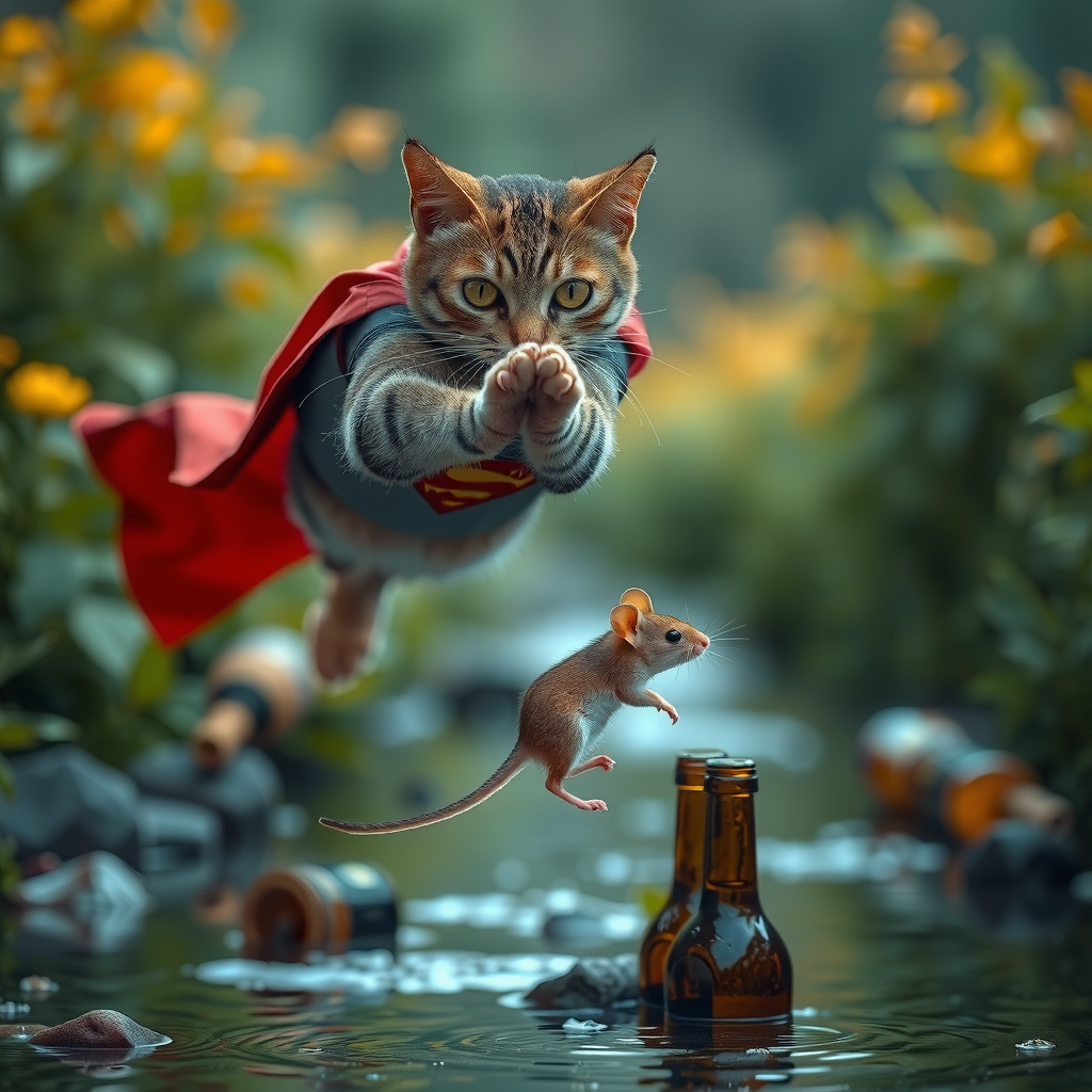 cat in superman costume, flying over a creek, trying saving mouse drowning in a creek, mouse hold on to wine bottles, ecpi, realistic