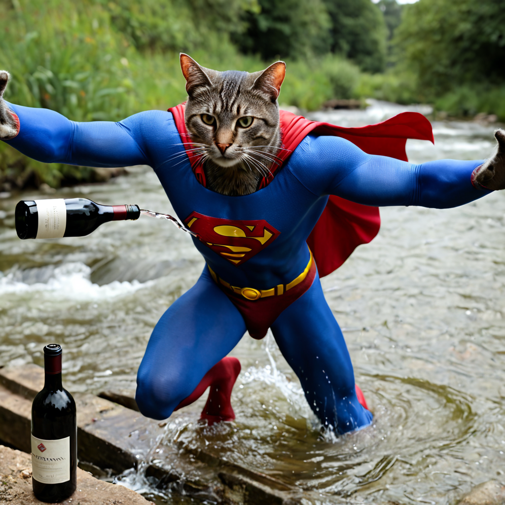 cat in superman costume, flying over a creek, trying saving mouse drowning in a creek, mouse hold on to wine bottles, ecpi, realistic