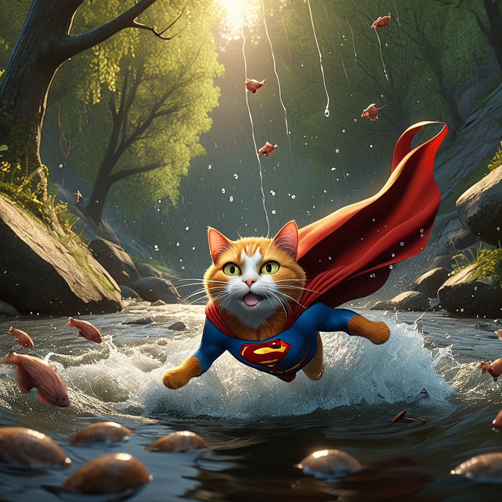 A dramatic yet playful semi-realistic cartoon rescue scene: a brave orange tabby cat wearing a classic Superman-style superhero costume with a flowing red cape is flying low over a rushing forest creek on an urgent rescue mission. Below, several tiny mice are struggling in the water during a flood, desperately clinging to floating wine bottles, small branches, and debris while squeaking for help. The superhero cat reaches down heroically to save them, with an intense but heartwarming expression. The scene combines realistic textures and lighting with stylized cartoon character design — expressive faces, slightly exaggerated features, Pixar/DreamWorks-style realism. Dynamic splashing water, cinematic motion, detailed fur, glowing sunset light through the trees, emotional storytelling, action-packed composition, ultra-detailed environment, high-quality CGI animated movie look, realistic creek and water physics, whimsical but believable atmosphere, 8K cinematic render
