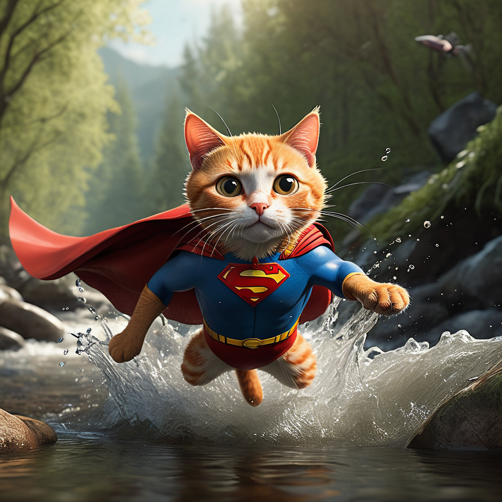 A dramatic yet playful semi-realistic cartoon rescue scene: a brave orange tabby cat wearing a classic Superman-style superhero costume with a flowing red cape is flying low over a rushing forest creek on an urgent rescue mission. Below, several tiny mice are struggling in the water during a flood, desperately clinging to floating wine bottles, small branches, and debris while squeaking for help. The superhero cat reaches down heroically to save them, with an intense but heartwarming expression. The scene combines realistic textures and lighting with stylized cartoon character design — expressive faces, slightly exaggerated features, Pixar/DreamWorks-style realism. Dynamic splashing water, cinematic motion, detailed fur, glowing sunset light through the trees, emotional storytelling, action-packed composition, ultra-detailed environment, high-quality CGI animated movie look, realistic creek and water physics, whimsical but believable atmosphere, 8K cinematic render