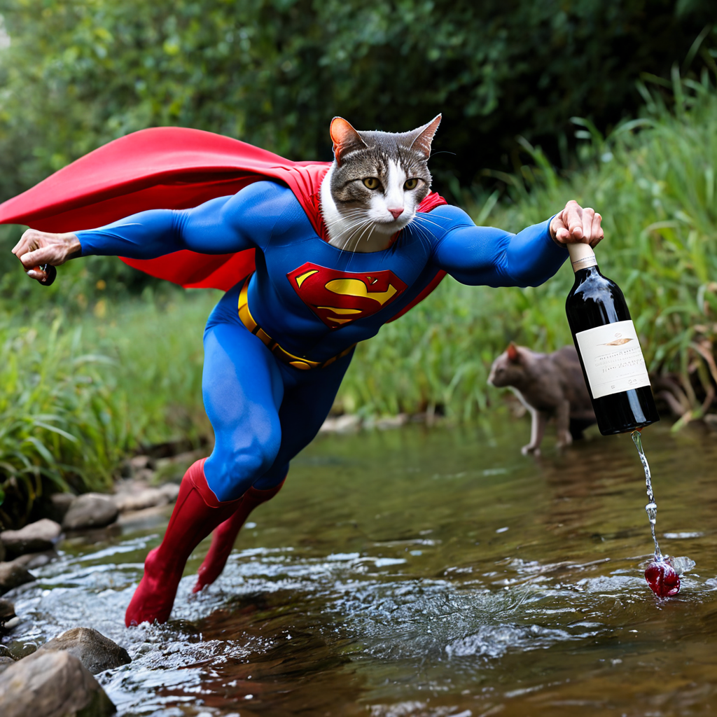 cat in superman costume, flying over a creek, trying saving mouse drowning in a creek, mouse hold on to wine bottles, ecpi, realistic