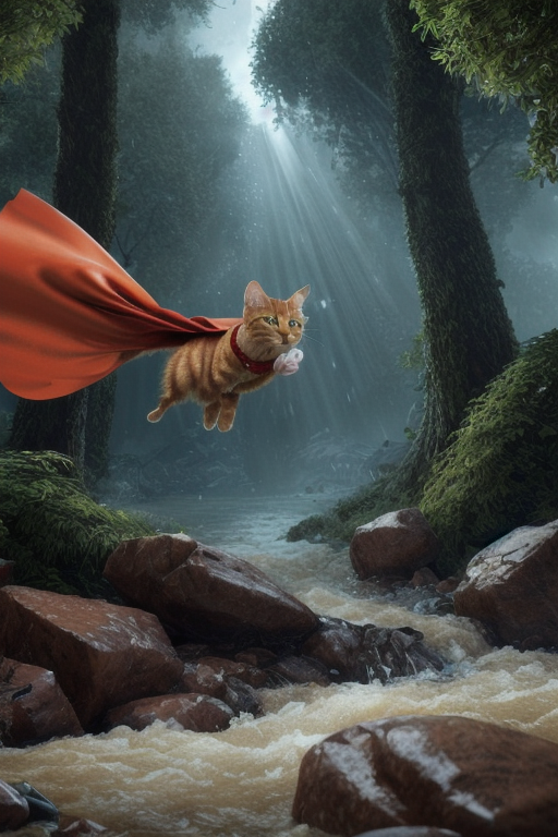 A dramatic yet playful semi-realistic cartoon rescue scene: a brave orange tabby cat wearing a classic Superman-style superhero costume with a flowing red cape is flying low over a rushing forest creek on an urgent rescue mission. Below, several tiny mice are struggling in the water during a flood, desperately clinging to floating wine bottles, small branches, and debris while squeaking for help. The superhero cat reaches down heroically to save them, with an intense but heartwarming expression. The scene combines realistic textures and lighting with stylized cartoon character design — expressive faces, slightly exaggerated features, Pixar/DreamWorks-style realism. Dynamic splashing water, cinematic motion, detailed fur, glowing sunset light through the trees, emotional storytelling, action-packed composition, ultra-detailed environment, high-quality CGI animated movie look, realistic creek and water physics, whimsical but believable atmosphere, 8K cinematic render