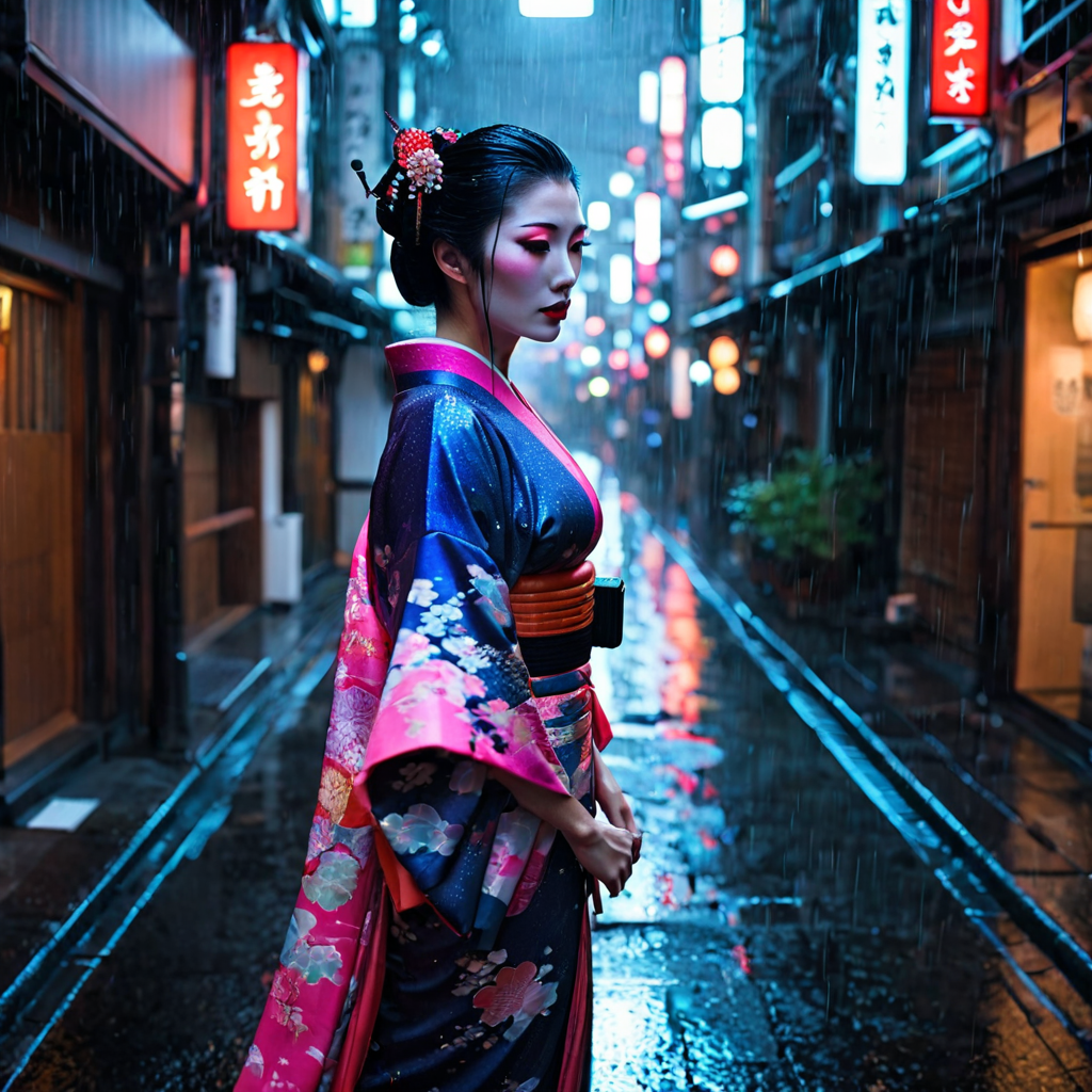 Futuristic neon-lit Tokyo alley, geisha with holographic kimono, rain, reflections, cinematic photography, 8K
