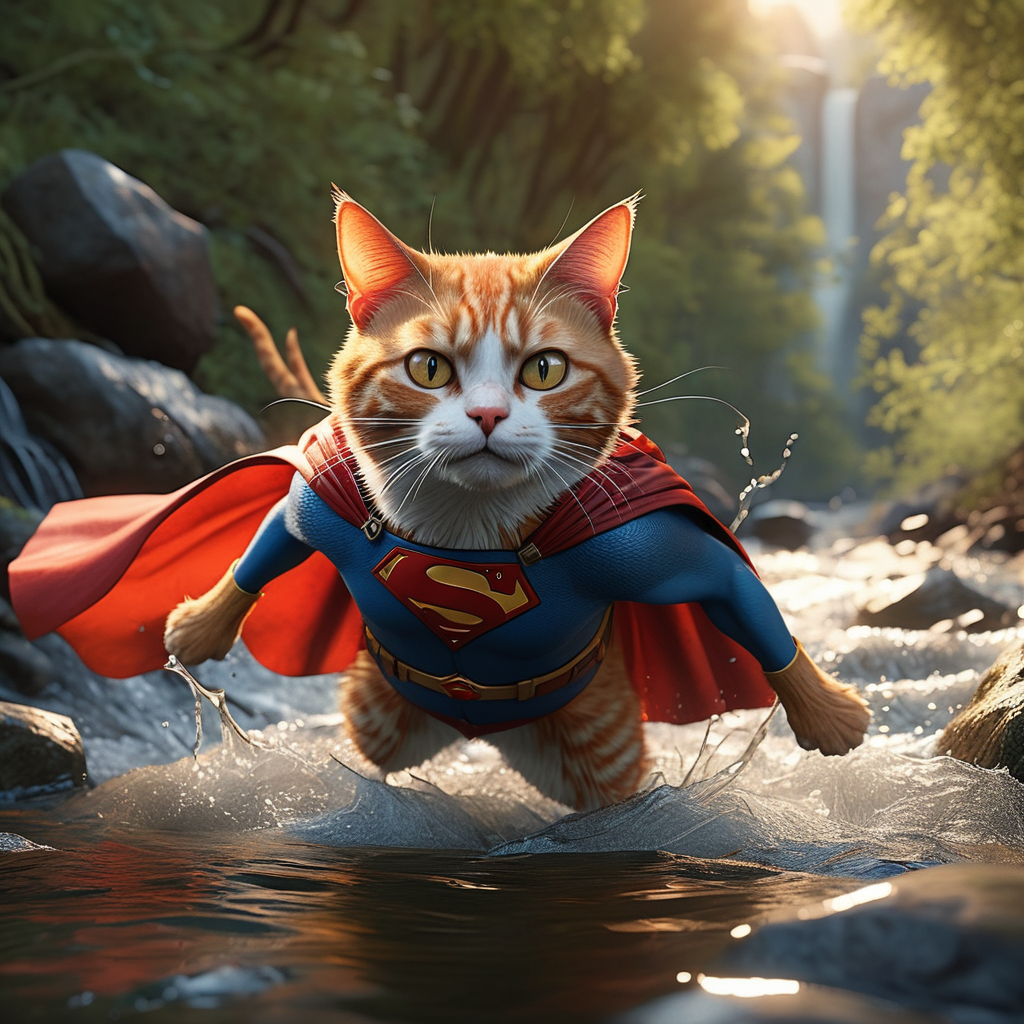 A dramatic yet playful semi-realistic cartoon rescue scene: a brave orange tabby cat wearing a classic Superman-style superhero costume with a flowing red cape is flying low over a rushing forest creek on an urgent rescue mission. Below, several tiny mice are struggling in the water during a flood, desperately clinging to floating wine bottles, small branches, and debris while squeaking for help. The superhero cat reaches down heroically to save them, with an intense but heartwarming expression. The scene combines realistic textures and lighting with stylized cartoon character design — expressive faces, slightly exaggerated features, Pixar/DreamWorks-style realism. Dynamic splashing water, cinematic motion, detailed fur, glowing sunset light through the trees, emotional storytelling, action-packed composition, ultra-detailed environment, high-quality CGI animated movie look, realistic creek and water physics, whimsical but believable atmosphere, 8K cinematic render
