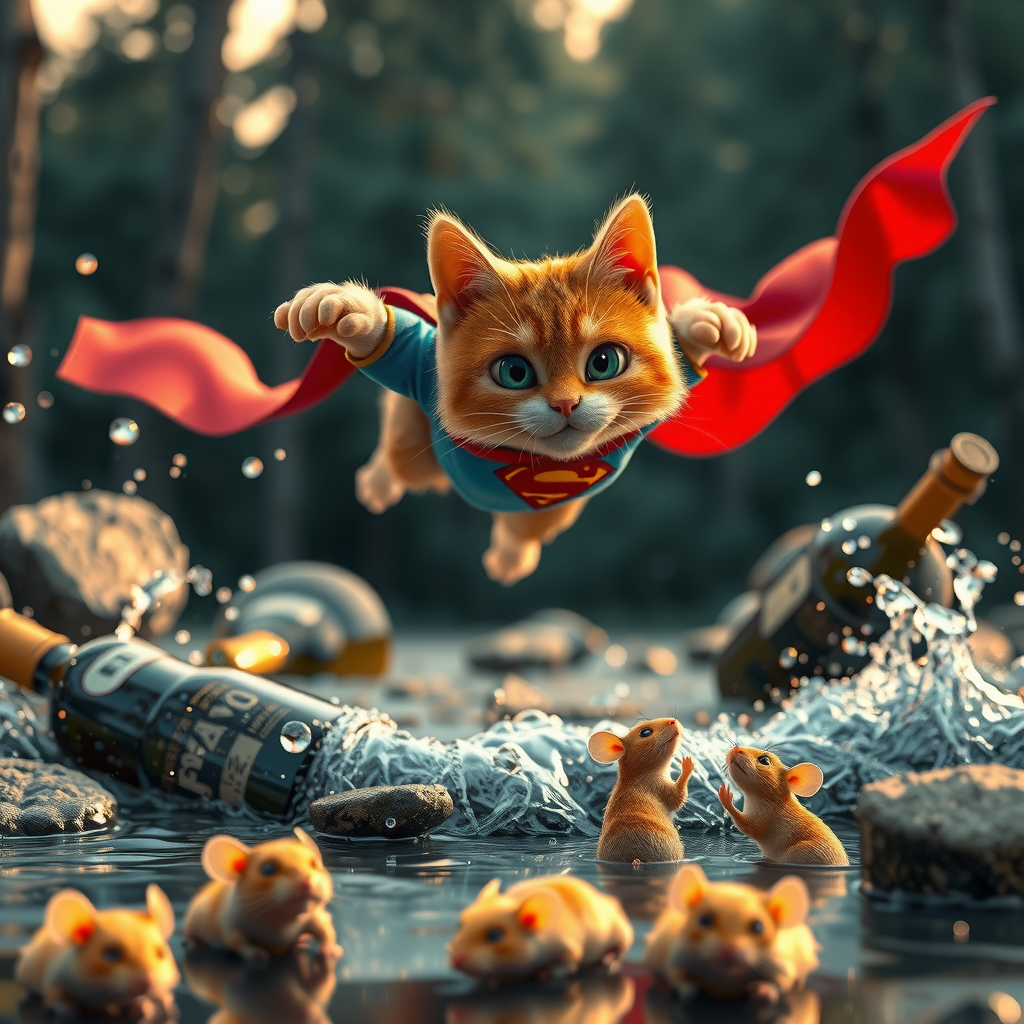 A dramatic yet playful semi-realistic cartoon rescue scene: a brave orange tabby cat wearing a classic Superman-style superhero costume with a flowing red cape is flying low over a rushing forest creek on an urgent rescue mission. Below, several tiny mice are struggling in the water during a flood, desperately clinging to floating wine bottles, small branches, and debris while squeaking for help. The superhero cat reaches down heroically to save them, with an intense but heartwarming expression. The scene combines realistic textures and lighting with stylized cartoon character design — expressive faces, slightly exaggerated features, Pixar/DreamWorks-style realism. Dynamic splashing water, cinematic motion, detailed fur, glowing sunset light through the trees, emotional storytelling, action-packed composition, ultra-detailed environment, high-quality CGI animated movie look, realistic creek and water physics, whimsical but believable atmosphere, 8K cinematic render