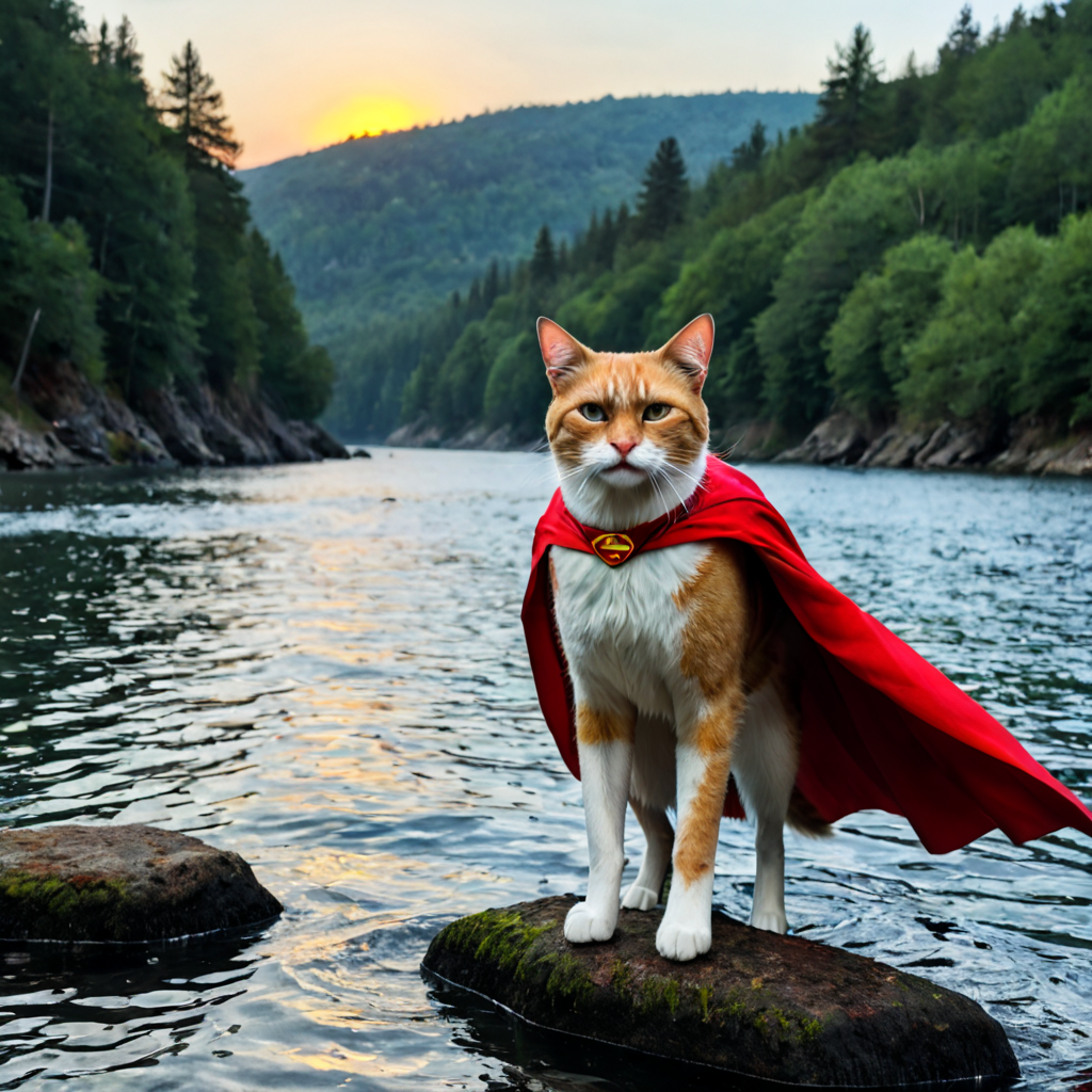 A dramatic yet playful semi-realistic cartoon rescue scene: a brave orange tabby cat wearing a classic Superman-style superhero costume with a flowing red cape is flying low over a rushing forest creek on an urgent rescue mission. Below, several tiny mice are struggling in the water during a flood, desperately clinging to floating wine bottles, small branches, and debris while squeaking for help. The superhero cat reaches down heroically to save them, with an intense but heartwarming expression. The scene combines realistic textures and lighting with stylized cartoon character design — expressive faces, slightly exaggerated features, Pixar/DreamWorks-style realism. Dynamic splashing water, cinematic motion, detailed fur, glowing sunset light through the trees, emotional storytelling, action-packed composition, ultra-detailed environment, high-quality CGI animated movie look, realistic creek and water physics, whimsical but believable atmosphere, 8K cinematic render