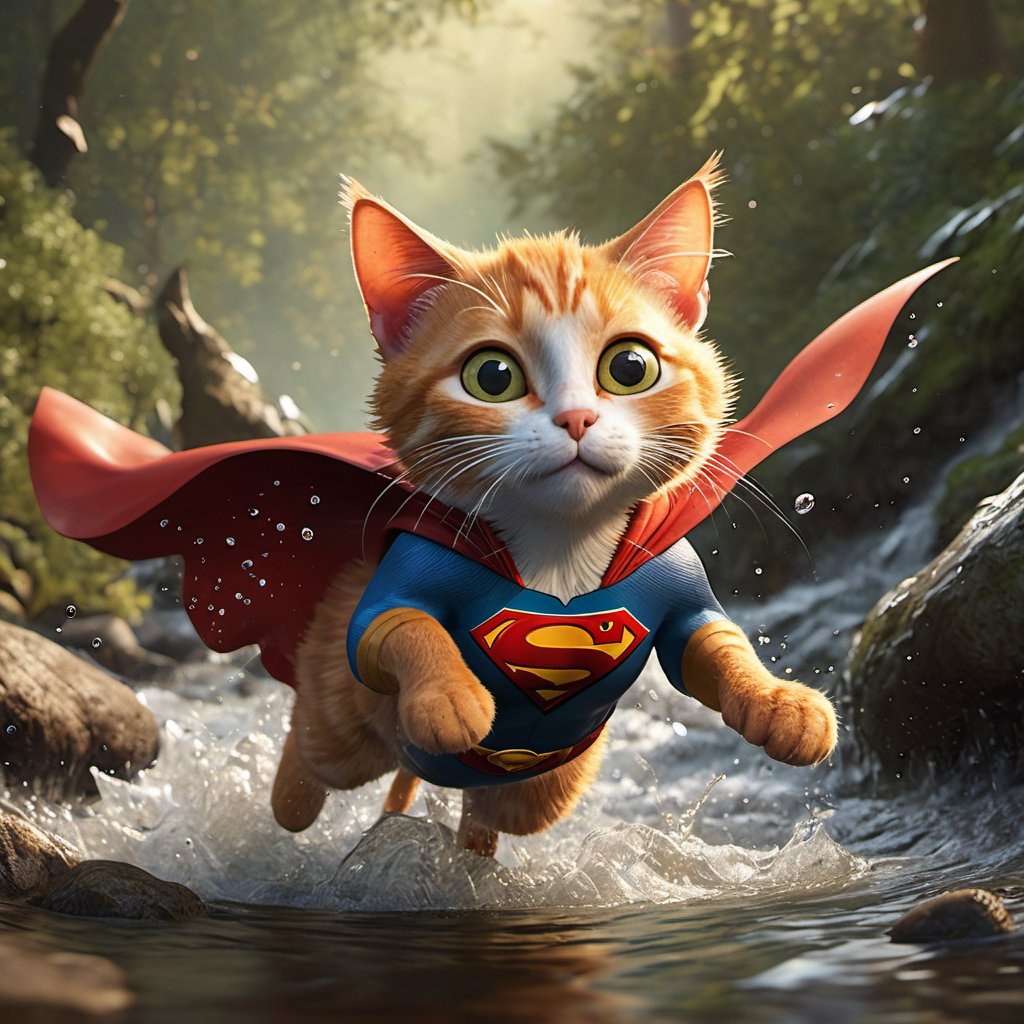 A dramatic yet playful semi-realistic cartoon rescue scene: a brave orange tabby cat wearing a classic Superman-style superhero costume with a flowing red cape is flying low over a rushing forest creek on an urgent rescue mission. Below, several tiny mice are struggling in the water during a flood, desperately clinging to floating wine bottles, small branches, and debris while squeaking for help. The superhero cat reaches down heroically to save them, with an intense but heartwarming expression. The scene combines realistic textures and lighting with stylized cartoon character design — expressive faces, slightly exaggerated features, Pixar/DreamWorks-style realism. Dynamic splashing water, cinematic motion, detailed fur, glowing sunset light through the trees, emotional storytelling, action-packed composition, ultra-detailed environment, high-quality CGI animated movie look, realistic creek and water physics, whimsical but believable atmosphere, 8K cinematic render