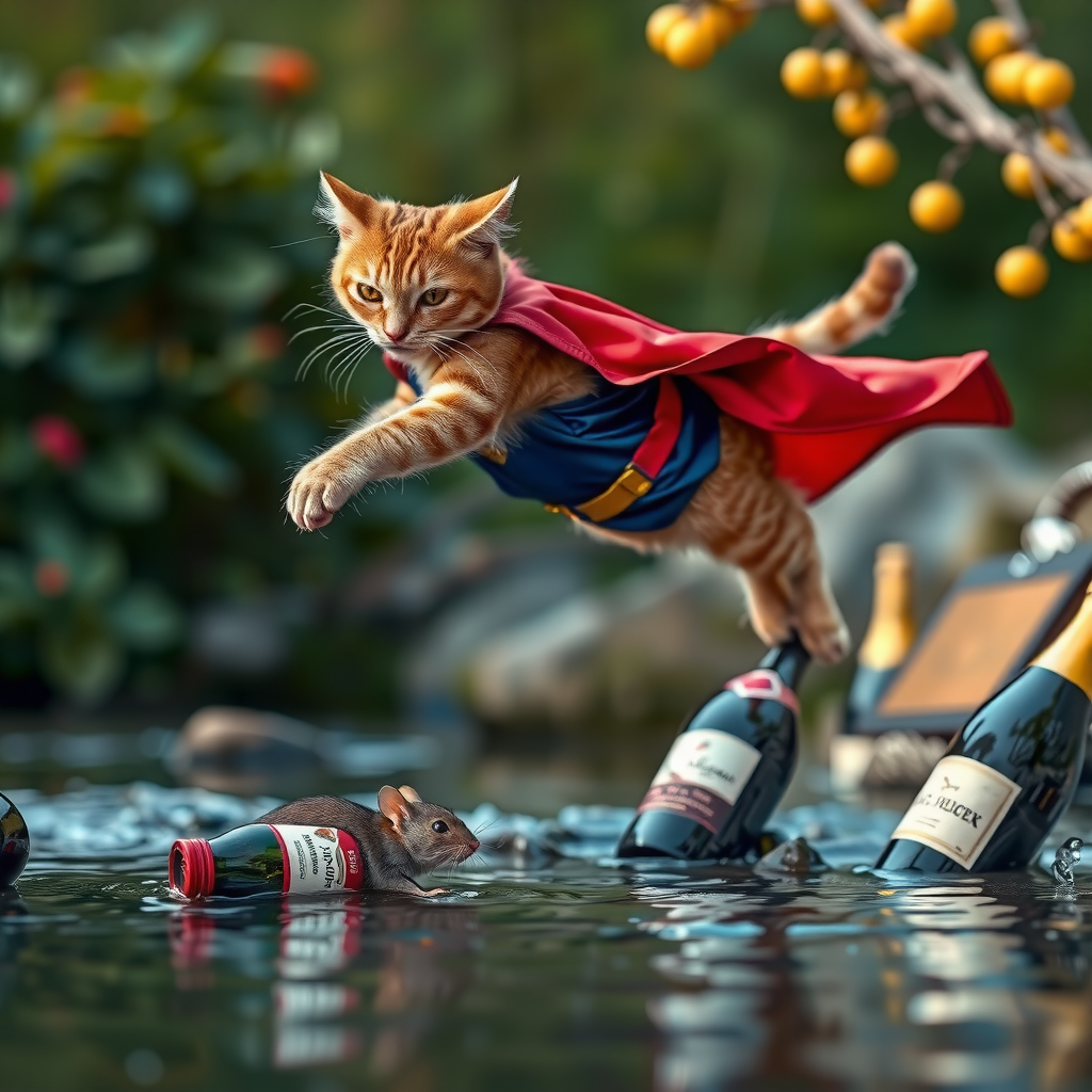 cat in superman costume, flying over a creek, trying saving mouse drowning in a creek, mouse hold on to wine bottles, ecpi, realistic