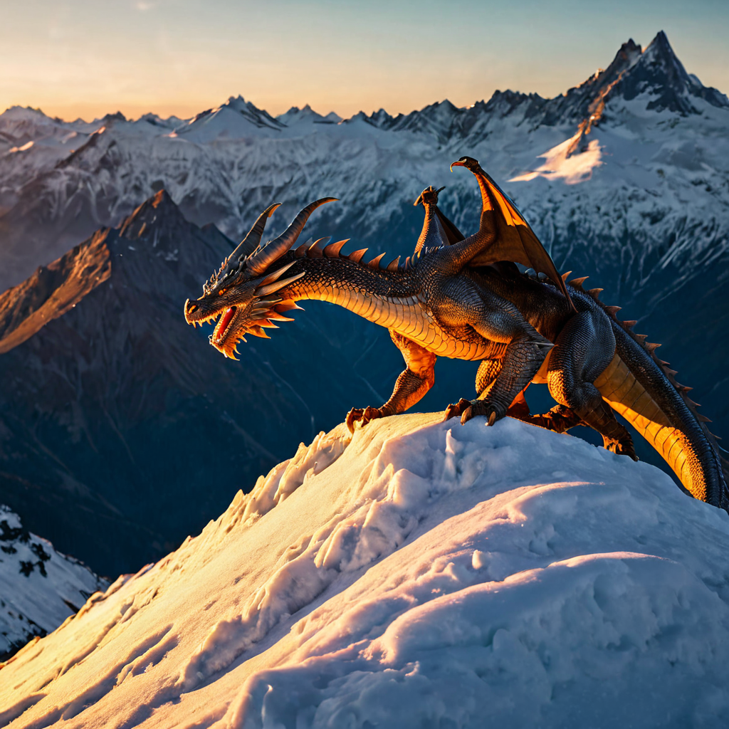 A majestic dragon perched on a snow-capped mountain peak at golden hour, scales gleaming, epic fantasy, cinematic lighting, 8K ultra detailed