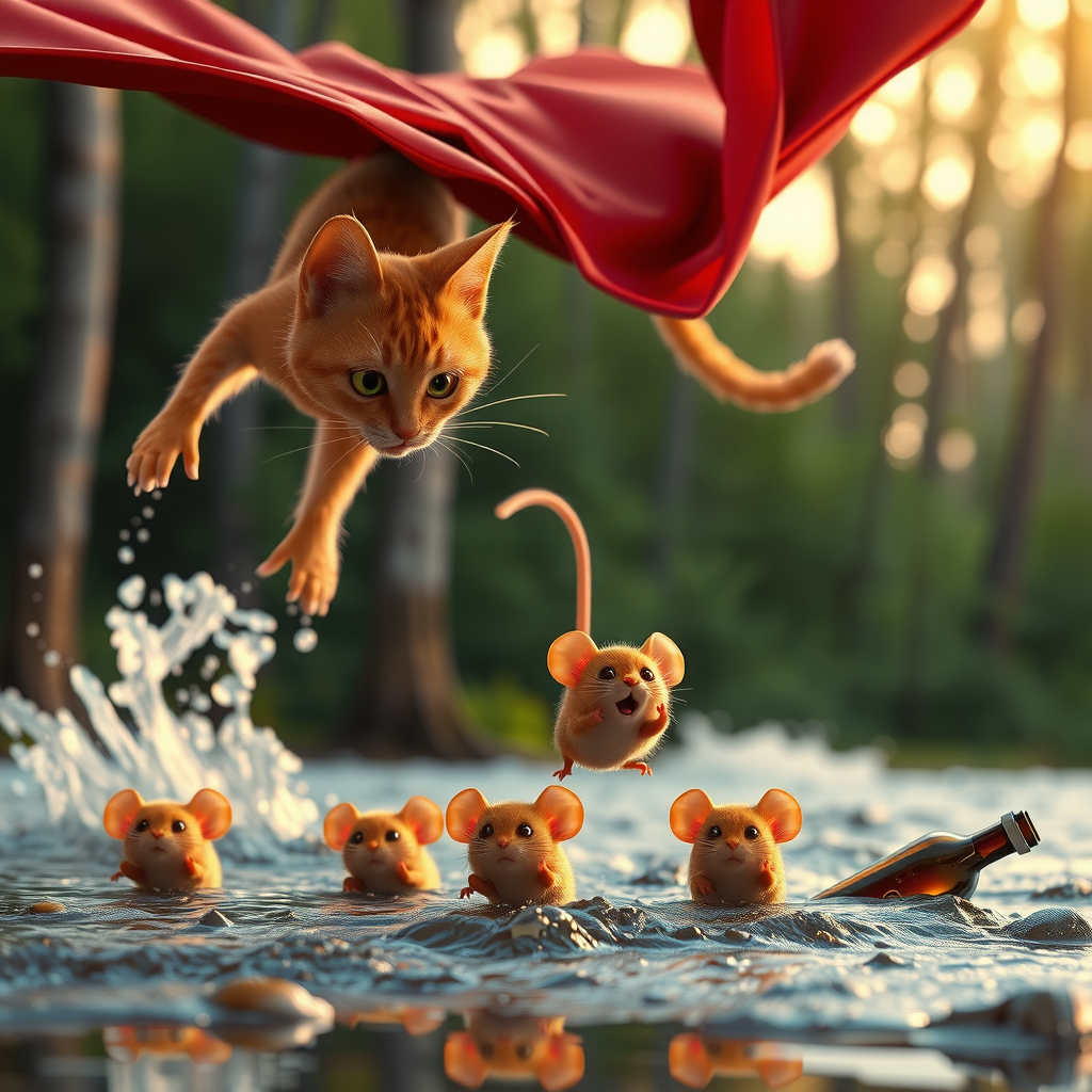 A dramatic yet playful semi-realistic cartoon rescue scene: a brave orange tabby cat wearing a classic Superman-style superhero costume with a flowing red cape is flying low over a rushing forest creek on an urgent rescue mission. Below, several tiny mice are struggling in the water during a flood, desperately clinging to floating wine bottles, small branches, and debris while squeaking for help. The superhero cat reaches down heroically to save them, with an intense but heartwarming expression. The scene combines realistic textures and lighting with stylized cartoon character design — expressive faces, slightly exaggerated features, Pixar/DreamWorks-style realism. Dynamic splashing water, cinematic motion, detailed fur, glowing sunset light through the trees, emotional storytelling, action-packed composition, ultra-detailed environment, high-quality CGI animated movie look, realistic creek and water physics, whimsical but believable atmosphere, 8K cinematic render