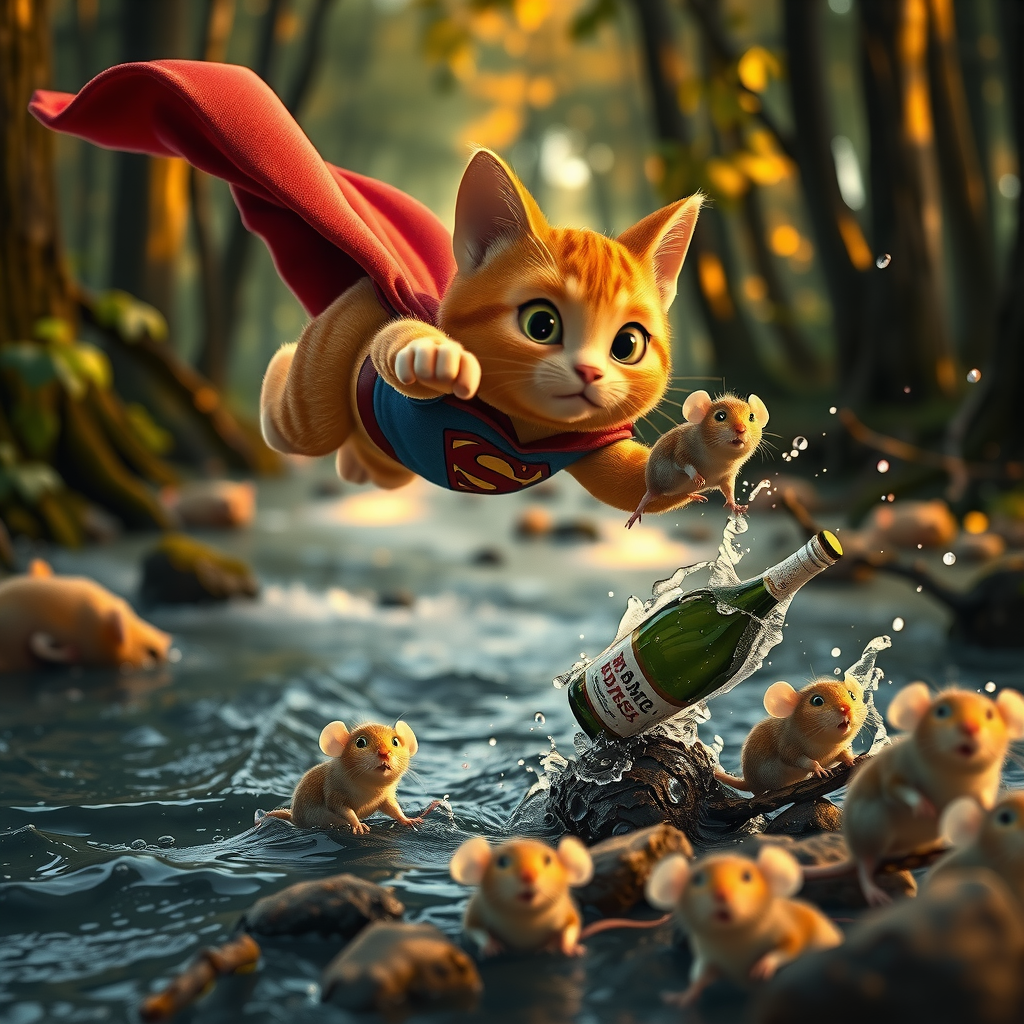 A dramatic yet playful semi-realistic cartoon rescue scene: a brave orange tabby cat wearing a classic Superman-style superhero costume with a flowing red cape is flying low over a rushing forest creek on an urgent rescue mission. Below, several tiny mice are struggling in the water during a flood, desperately clinging to floating wine bottles, small branches, and debris while squeaking for help. The superhero cat reaches down heroically to save them, with an intense but heartwarming expression. The scene combines realistic textures and lighting with stylized cartoon character design — expressive faces, slightly exaggerated features, Pixar/DreamWorks-style realism. Dynamic splashing water, cinematic motion, detailed fur, glowing sunset light through the trees, emotional storytelling, action-packed composition, ultra-detailed environment, high-quality CGI animated movie look, realistic creek and water physics, whimsical but believable atmosphere, 8K cinematic render