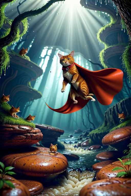 A dramatic yet playful semi-realistic cartoon rescue scene: a brave orange tabby cat wearing a classic Superman-style superhero costume with a flowing red cape is flying low over a rushing forest creek on an urgent rescue mission. Below, several tiny mice are struggling in the water during a flood, desperately clinging to floating wine bottles, small branches, and debris while squeaking for help. The superhero cat reaches down heroically to save them, with an intense but heartwarming expression. The scene combines realistic textures and lighting with stylized cartoon character design — expressive faces, slightly exaggerated features, Pixar/DreamWorks-style realism. Dynamic splashing water, cinematic motion, detailed fur, glowing sunset light through the trees, emotional storytelling, action-packed composition, ultra-detailed environment, high-quality CGI animated movie look, realistic creek and water physics, whimsical but believable atmosphere, 8K cinematic render