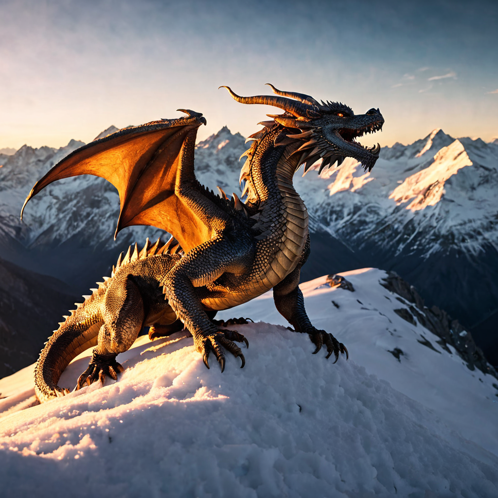 A majestic dragon perched on a snow-capped mountain peak at golden hour, scales gleaming, epic fantasy, cinematic lighting, 8K ultra detailed