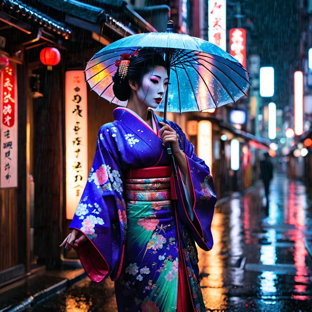 Futuristic neon-lit Tokyo alley, geisha with holographic kimono, rain, reflections, cinematic photography, 8K