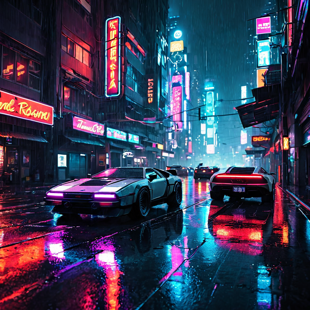 Cyberpunk cityscape at night, rain-slicked streets reflecting neon signs, flying cars, blade runner aesthetic, ultra detailed, artstation