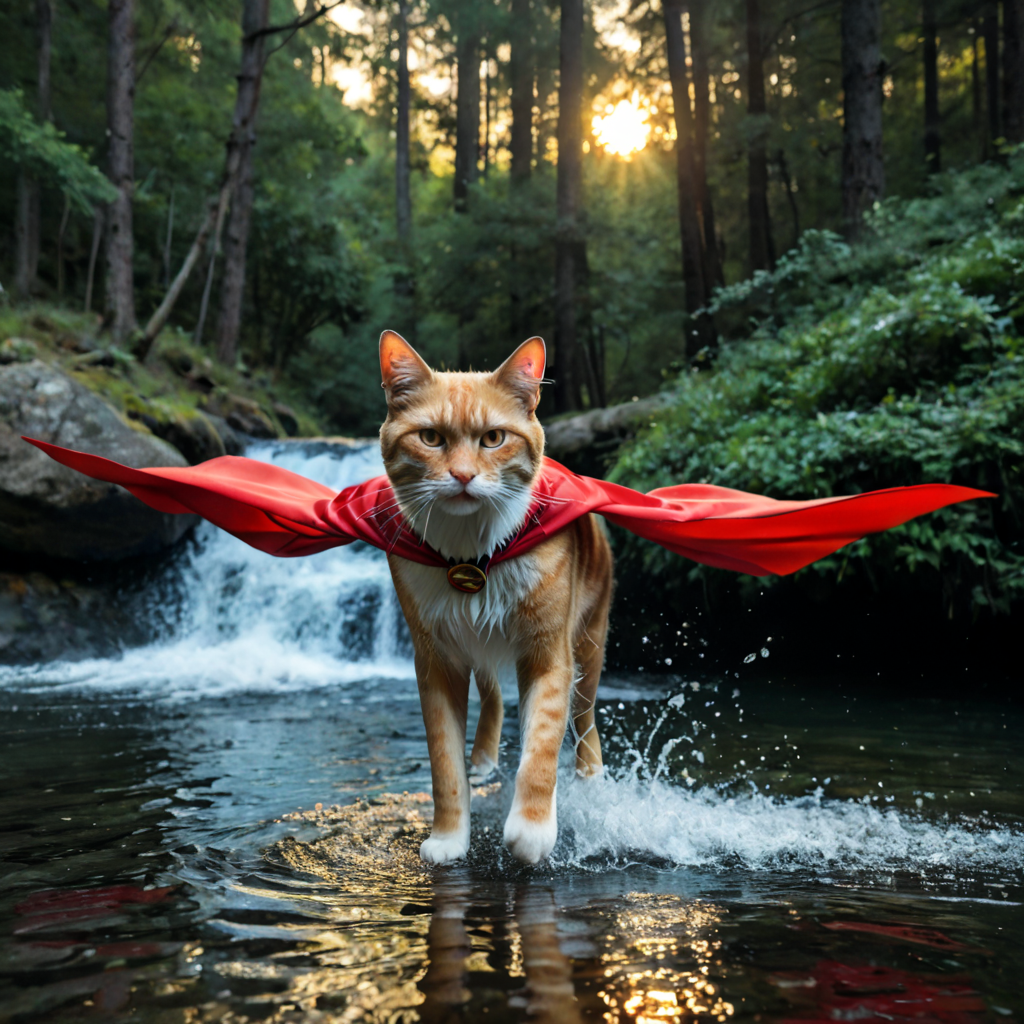 A dramatic yet playful semi-realistic cartoon rescue scene: a brave orange tabby cat wearing a classic Superman-style superhero costume with a flowing red cape is flying low over a rushing forest creek on an urgent rescue mission. Below, several tiny mice are struggling in the water during a flood, desperately clinging to floating wine bottles, small branches, and debris while squeaking for help. The superhero cat reaches down heroically to save them, with an intense but heartwarming expression. The scene combines realistic textures and lighting with stylized cartoon character design — expressive faces, slightly exaggerated features, Pixar/DreamWorks-style realism. Dynamic splashing water, cinematic motion, detailed fur, glowing sunset light through the trees, emotional storytelling, action-packed composition, ultra-detailed environment, high-quality CGI animated movie look, realistic creek and water physics, whimsical but believable atmosphere, 8K cinematic render
